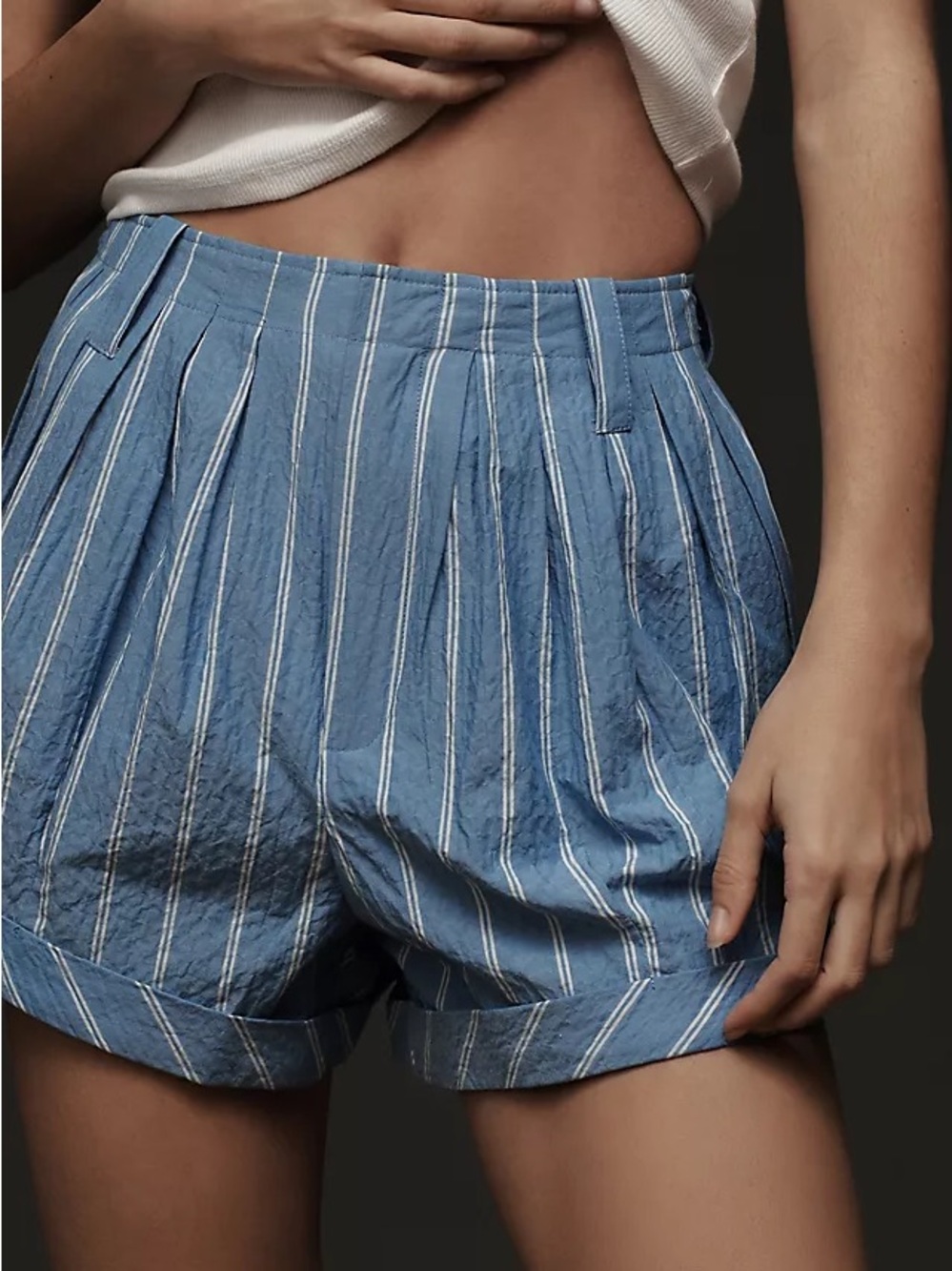 Anthropologie Blue & White Striped High-Waist Pleated Shorts